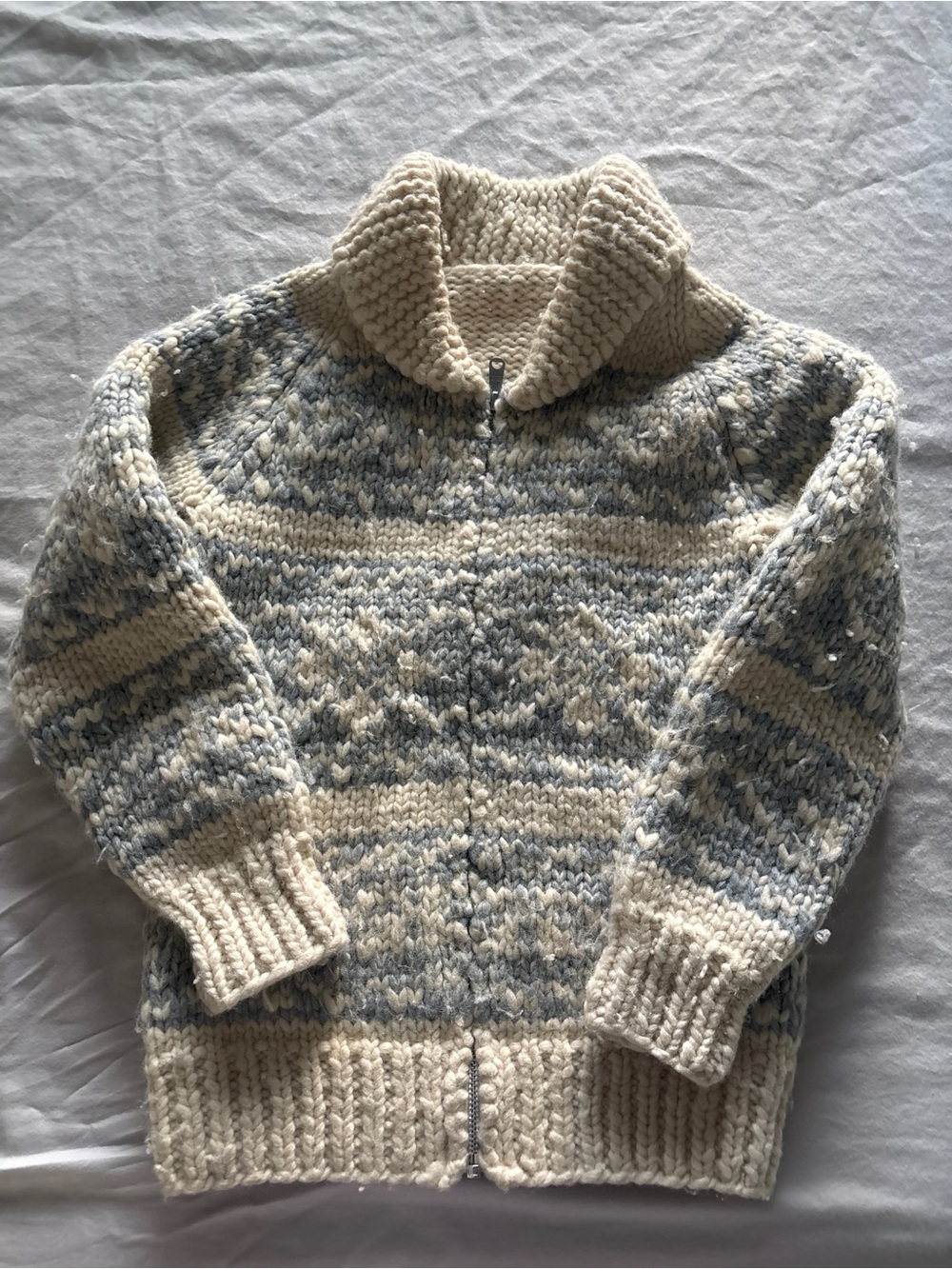 Vintage Heavy Knit Fair Isle Zip Cardigan Sweater Grey Cream Cowichan